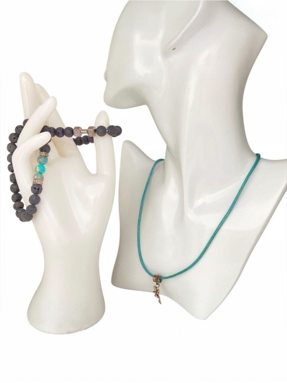Black Lava Bead Bracelets And Turquoise Fairy Charm Necklace Set Adjustable Jewe